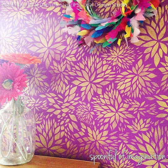Bold and Colorful Girls Room Decor with Gold and Purple Paint - Petal Play Flower Damask Wall Stencils - Royal Design Studio
