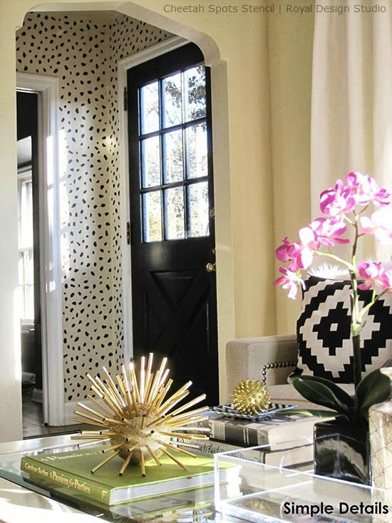Get Designer Wallpaper Look for Less! Animal Print Cheetah Leapord Spots Wall Stencil Painted in Mudroom, Foyer, Entry - Royal Design Studio