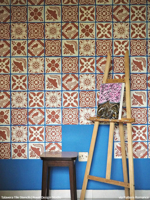 Colorful Pink and Blue Mexican Tiles Wall Stencils - Royal Design Studio