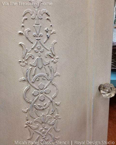 Embossed Raised Pattern with Plaster on Wood Door - Micah Classic Panel and Furniture Stencils - Royal Design Studio