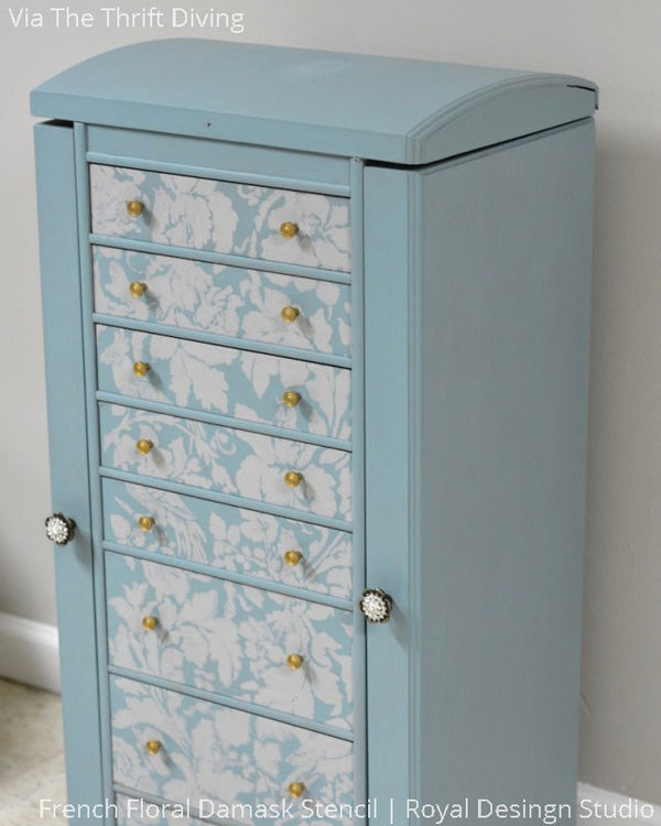 Tiffany Blue and White Chalk Paint Furniture Upcycle - French Flower Damask Stencils for Crafts - Royal Design Studio