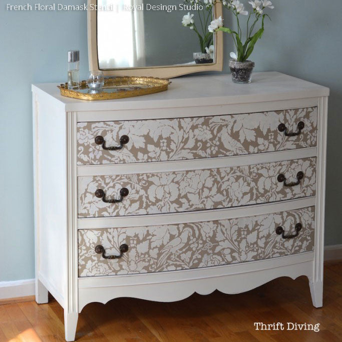 Chalk Paint Painted Furniture Project using French Floral Damask Stencils - Royal Design Studio