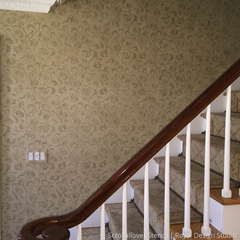 Neutral Painted Hallway and Stairway Wall using Scrollallover Wall Stencils - Royal Design Studio