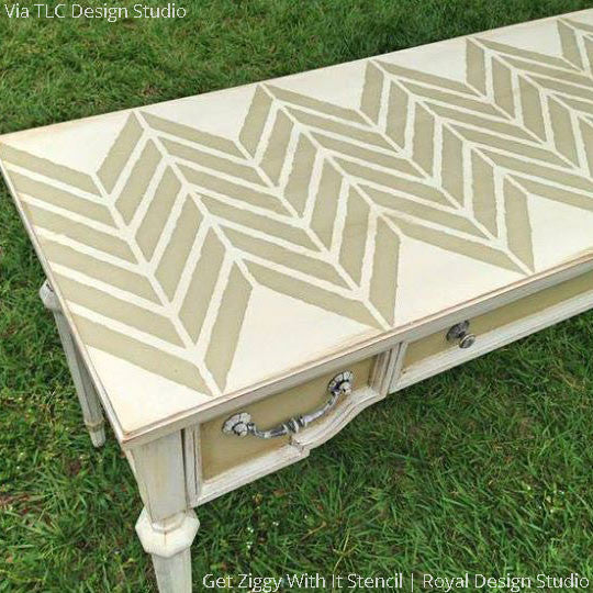 Modern and Geometric Herringbone Stenciled Table Top - Royal Design Studio