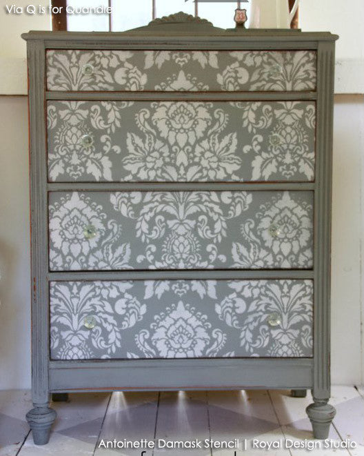 Painted Furniture DIY Projects using Large Damask Stencils for Elegant Decor