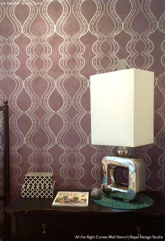 Modern and Retro Damask Wallpaper on Accent Wall - Bold Pink Wall Stencils for DIY Painting - Royal Design Studio
