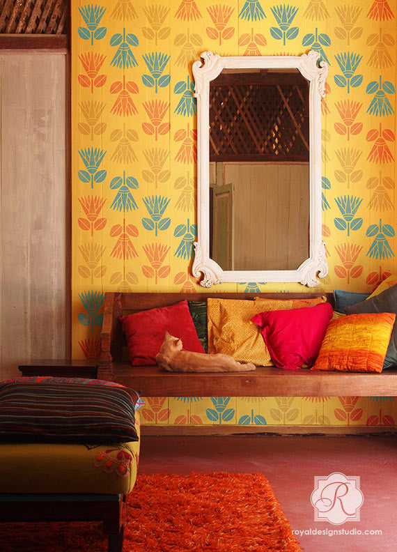 Decorate Walls with Bold and Colorful Paint and Flower Wall Stencils - Royal Design Studio
