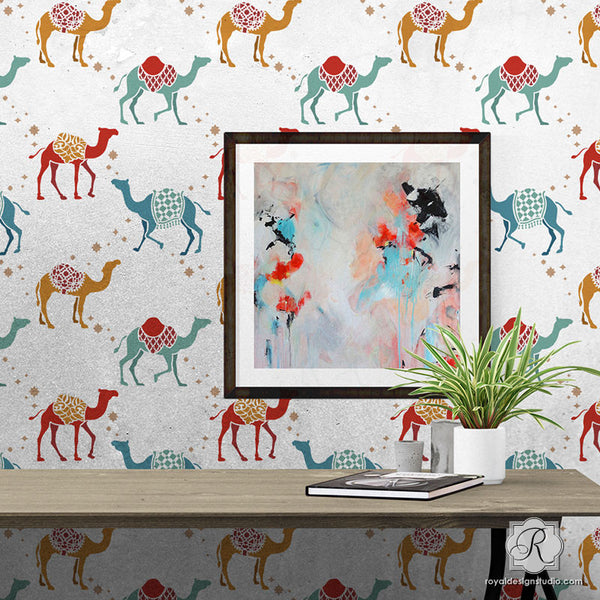 Colorful Camels Moroccan Animal Wall Stencils for Nursery Decor - Royal Design Studio