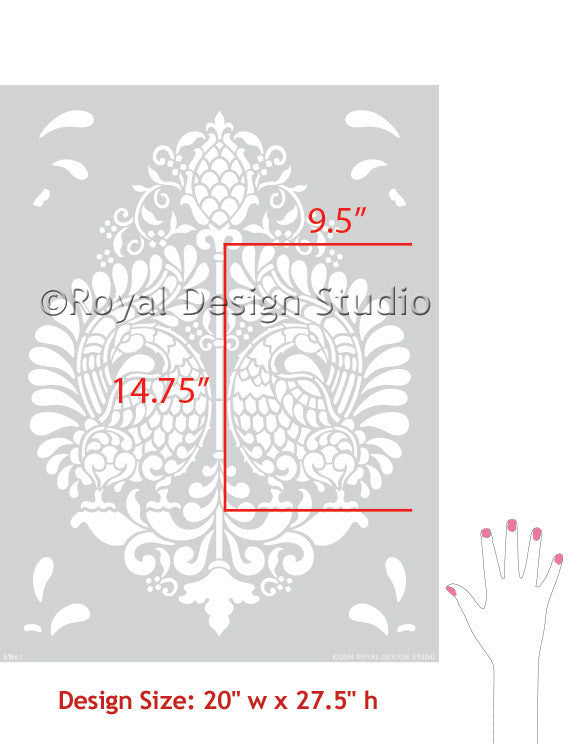 Stenciling Indian Designs on Walls with Indian Annapakshi Bird Damask Wall Stencil by Royal Design Studio Stencils
