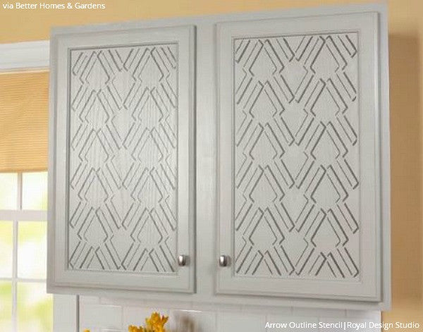 Faux Raised Stencil Pattern on Wood Cabinet Doors - Modern Arrow Stencils