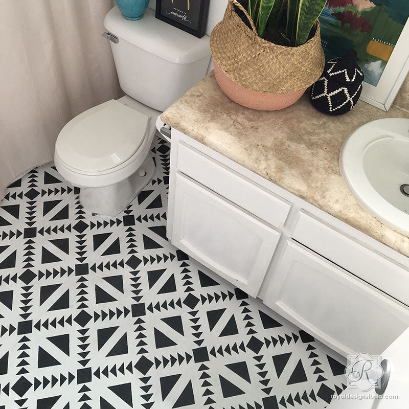 Painted Floor bathroom modern DIY with Concrete Quilt Tile Stencils - Royal Design Studio