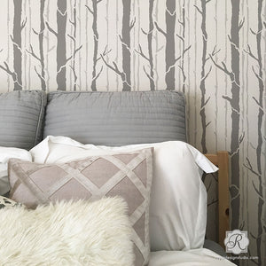 Modern Bedroom Feature Wall Stencils - Tree Wallpaper Look - Royal Design Studio