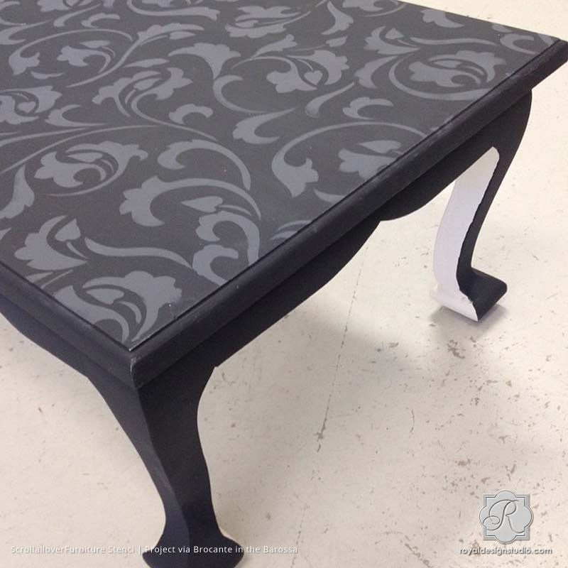 Black Coffee Table Upcycle Painted with DIY Scrollallover Furniture Stencils - Royal Design Studio