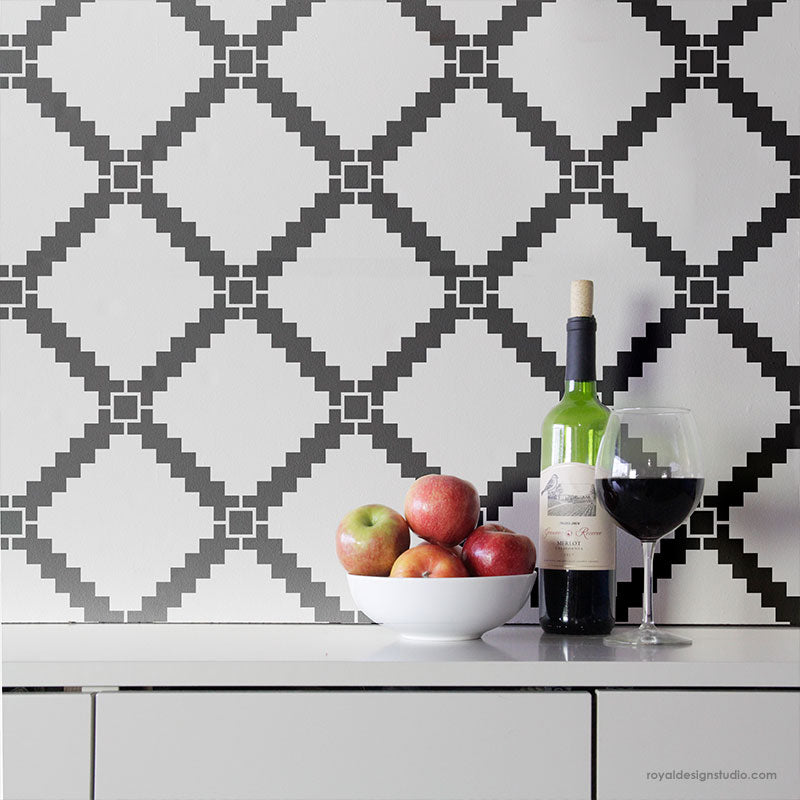 Black and White Tile Walls - Geometric Tiled Wall Stencils - Large Modern Tile Stencils for Painting - Royal Design Studio