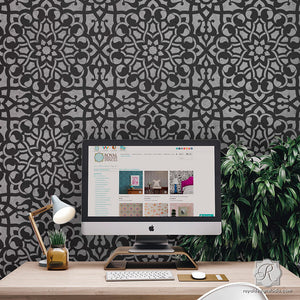 Black and White Wallpaper Idea - Zahara Moroccan Wall Stencils DIY - Royal Design Studio