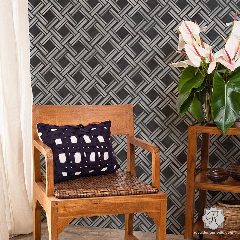 DIY Texture Wallpaper Effect using Large Overlapping Wicker Weave Wall Stencils - Royal Design Studio