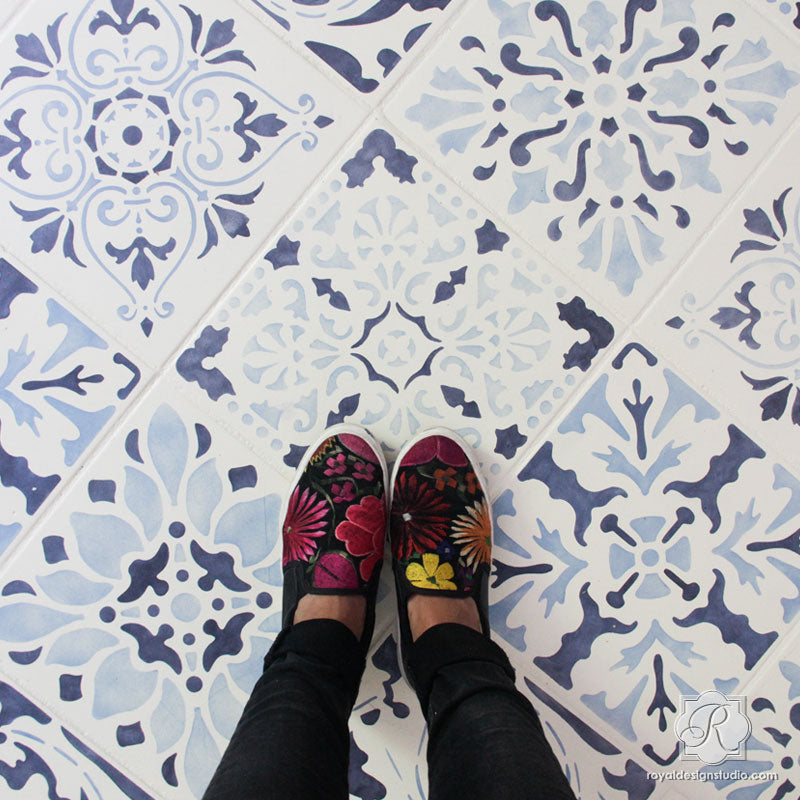 Kitchen Floor Remodel with Painting Vintage Blue Tile Stencils - Royal Design Studio