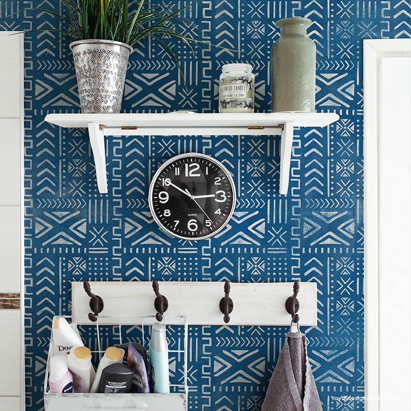 Geometric Wall Decor Idea - Mali Mudcloth Wall Stencil - African Style Mud Cloth Batik Wallpaper Design Stencils for Painting - Royal Design Studio