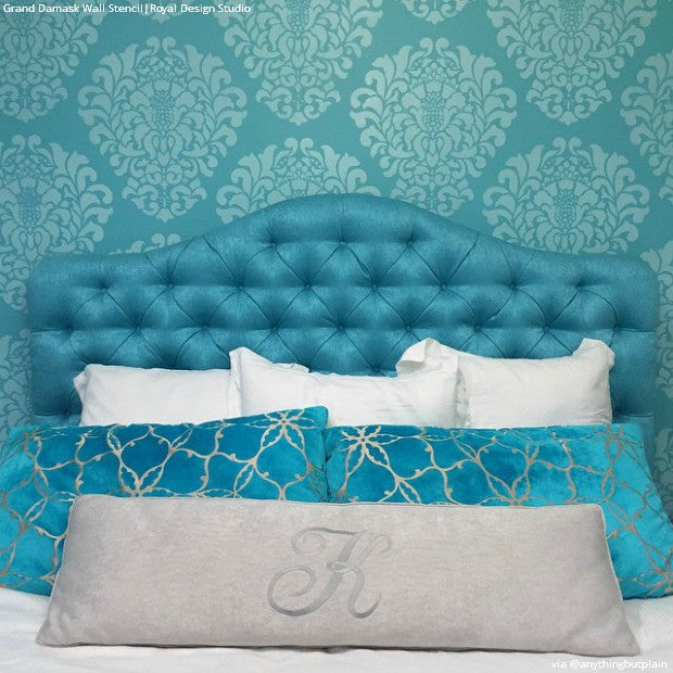 Colorful Blue Bedroom Accent Wall Makeover - Grand Damask Wall Stencils - Royal Design Studio