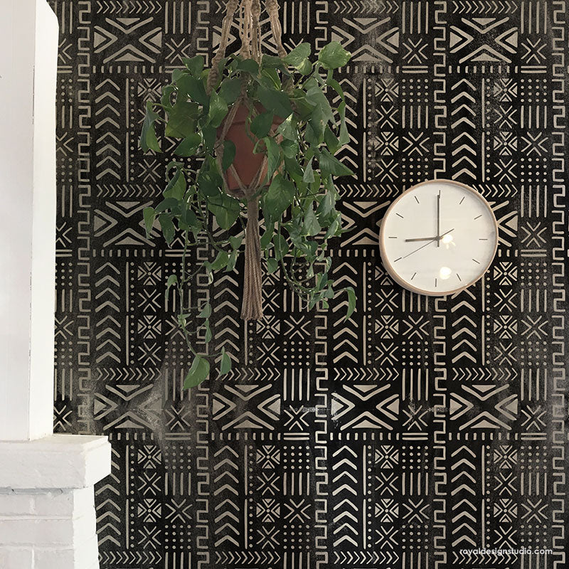 Geometric Wall Decor Idea - Mali Mudcloth Wall Stencil - African Style Mud Cloth Batik Wallpaper Design Stencils for Painting - Royal Design Studio