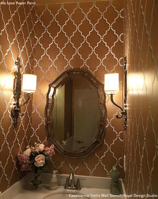 Elegant Wall Finish with Metallic Paint - DIY Painted Walls with Moroccan Design - Royal Design Studio Trellis Wall Stencils