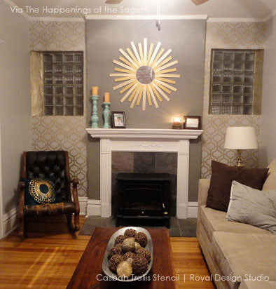 Easy DIY living room makeover using wall stencils - Decorate your home decor with stenciled walls with moroccan stencil patterns - Casbah Trellis Moroccan Wall Stencils - Royal Design Studio