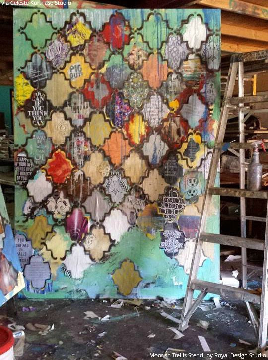 Colorful and Pattern Mixed Media Wall Art - Moorish Trellis Wall Stencils - Royal Design Studio