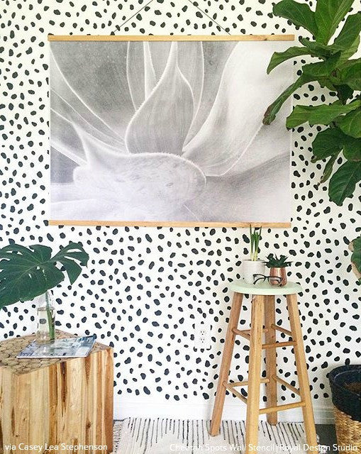 Animal Print Trend in Room Decor - Cheetah Spots Wall Stencils with Green and Gold Accents - Royal Design Studio