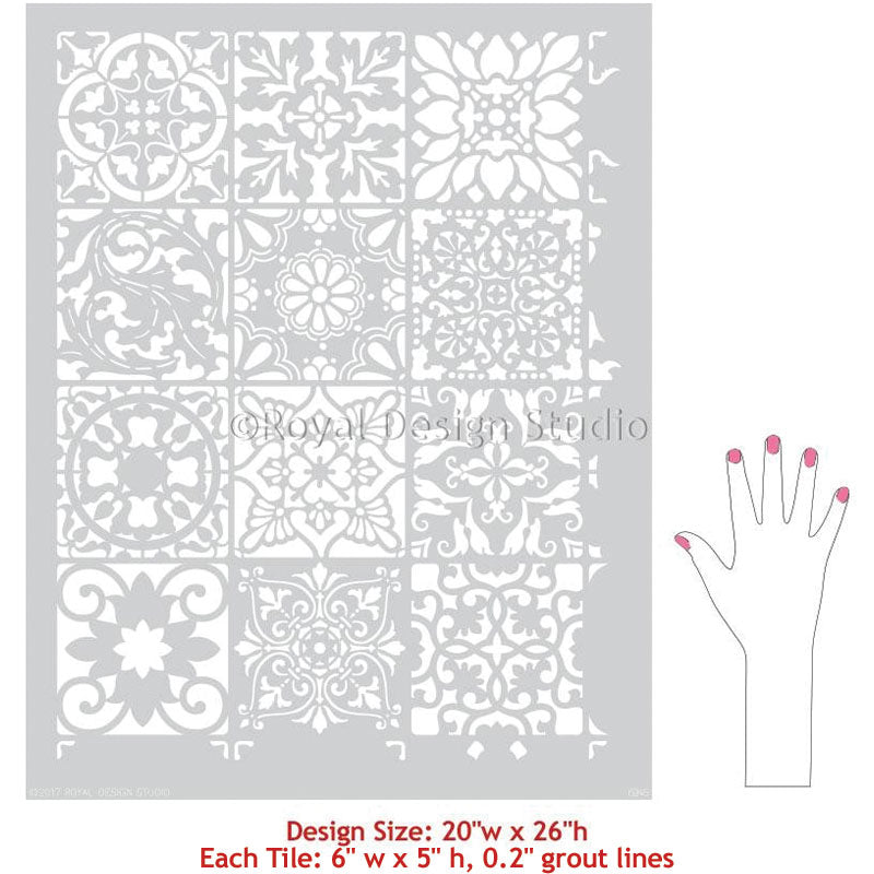 Patchwork Tile Wall Art Pattern Painted with Colorful Tile Stencils - Royal Design Studio