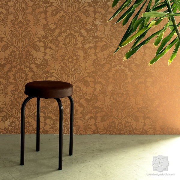 Large Italian Wallpaper Patterns with Flower Designs for Accent Wall - Lisabetta Damask Wall Stencils - Royal Design Studio