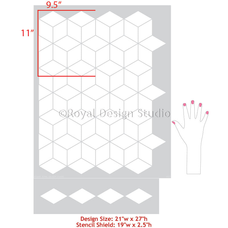 Geometric Tumbling Blocks Pattern Diamond Shapes Dimensional Floor Design - Royal Design Studio Stencils for Painting