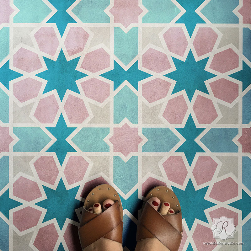 Colorful Floor Tiles Painted with Moroccan Tiles Stencils - Royal Design Studio