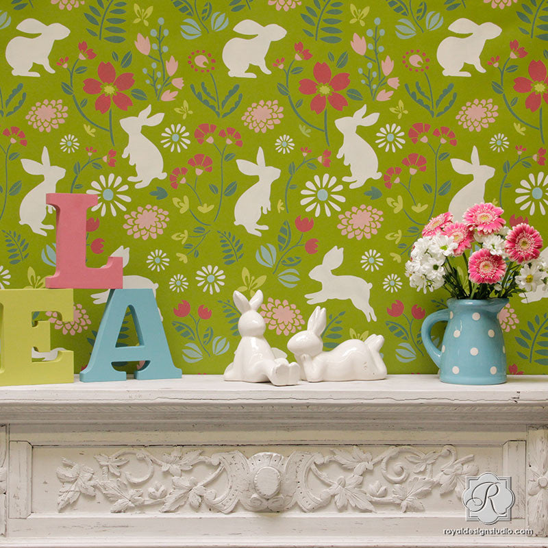 Colorful Folk Bunny Wall Stencils for Trendy Nursery Decor Idea - Royal Design Studio