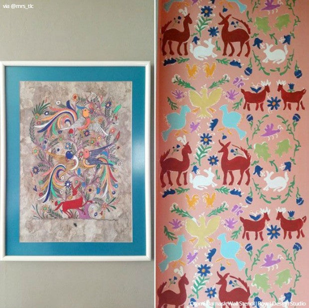 Colorful Painted Wall Art Stencil Otomi Classic Mexican Designs - Royal Design Studio