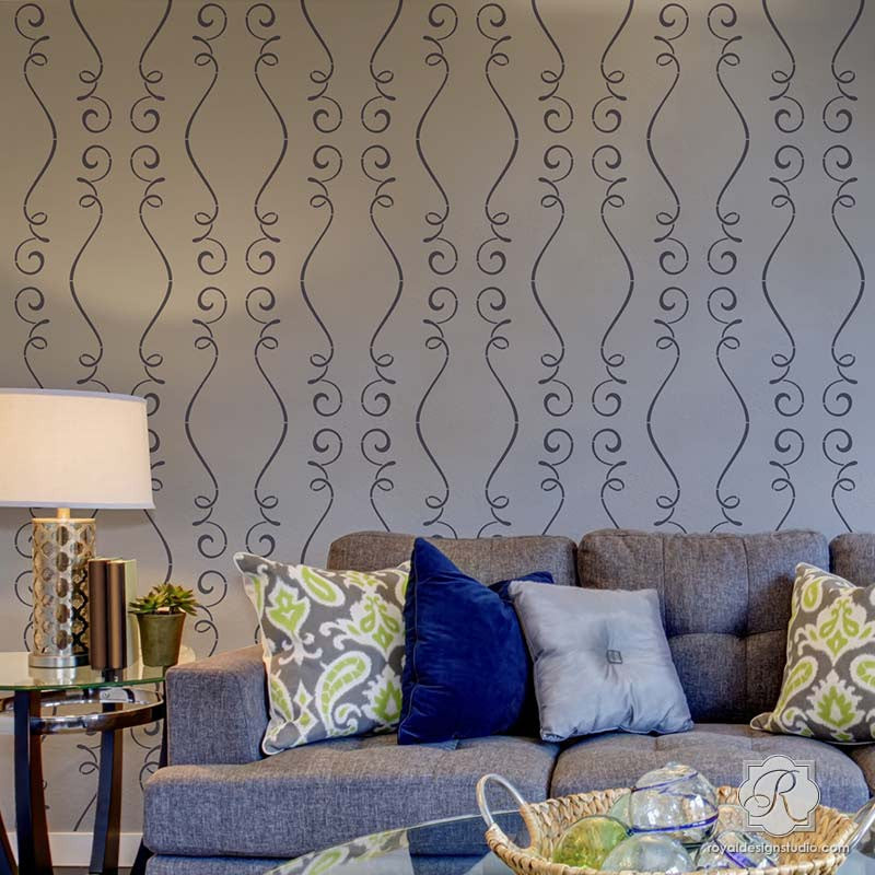 Decorating Living Room Accent Wall with Contemporary French Ribbon Designs - Gigi Scroll Modern Wall Stencils - Royal Design Studio