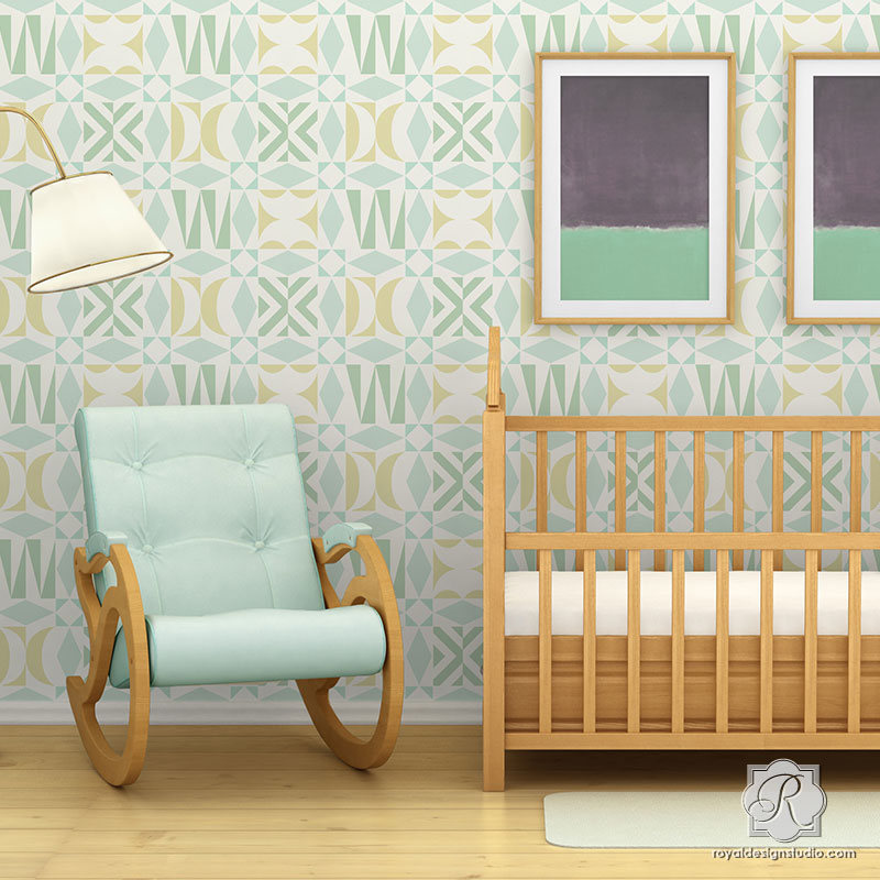 Geometric Nursery Wallpaper Idea with Modern Tribal and Midcentury Modern Wall Stencils - Royal Design Studio