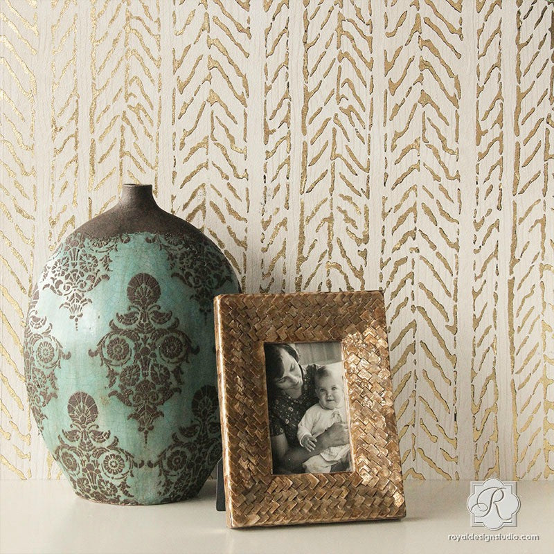 Metallic Gold Leaf and Textured Walls - Royal Design Studio - Funky Fibers Wall Stencil
