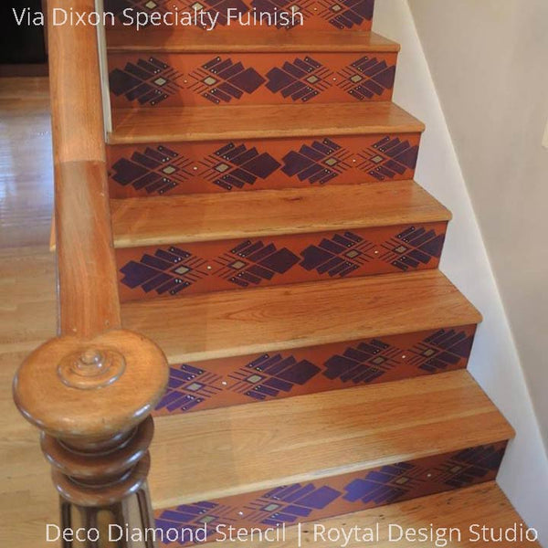 Stained Wood Stairs and Designs - Deco Diamond Stenciled Stairs - Royal Design Studio