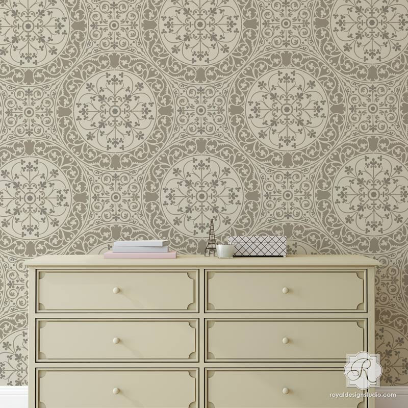 DIY wallpaper look using intricate allover tile stencils - Aragon Damask Tile Wall Stencils - Royal Design Studio