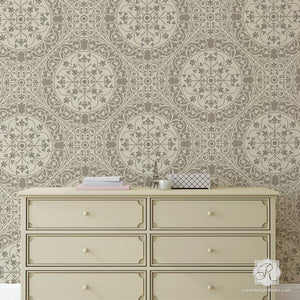 DIY wallpaper look using intricate allover tile stencils - Aragon Damask Tile Wall Stencils - Royal Design Studio
