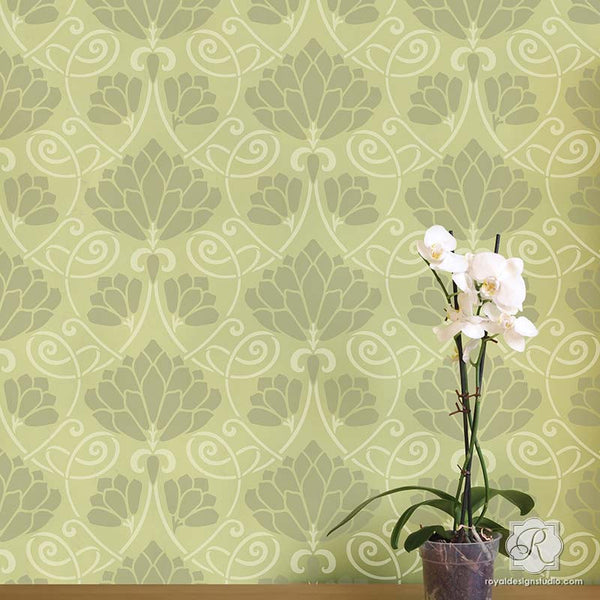 Decorating DIY Projects and Wall Murals with Lotus Paradise Floral Wall Stencils - Royal Design Studio