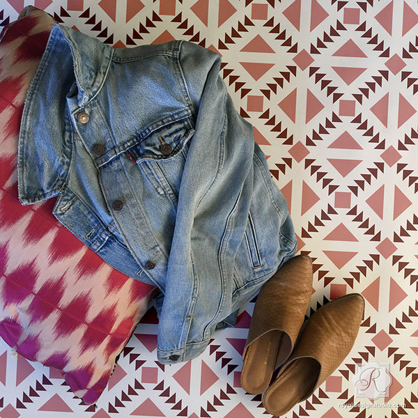 Painted Floor Design and Boho Style with Concrete Quilt Tile Stencils - Royal Design Studio
