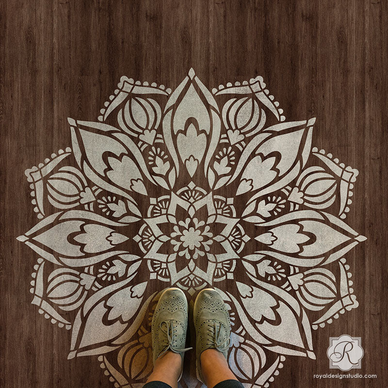 Custom Wood Floor Design with Painted Mandala Art - Royal Design Studio Stencils for Decorating