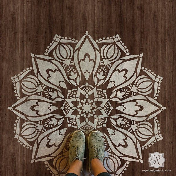 Custom Wood Floor Design with Painted Mandala Art - Royal Design Studio Stencils for Decorating