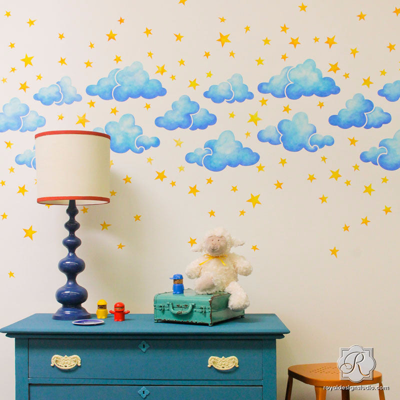 DIY Stenciled Walls for Easy Decorating - Clouds Sky Stars Wall Stencils - Royal Design Studio