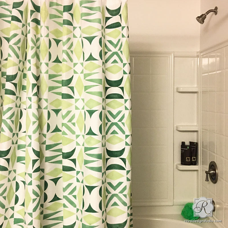 DIY Shower Curtain Painted with Geometric Modern Fabric Stencils - Royal Design Studio