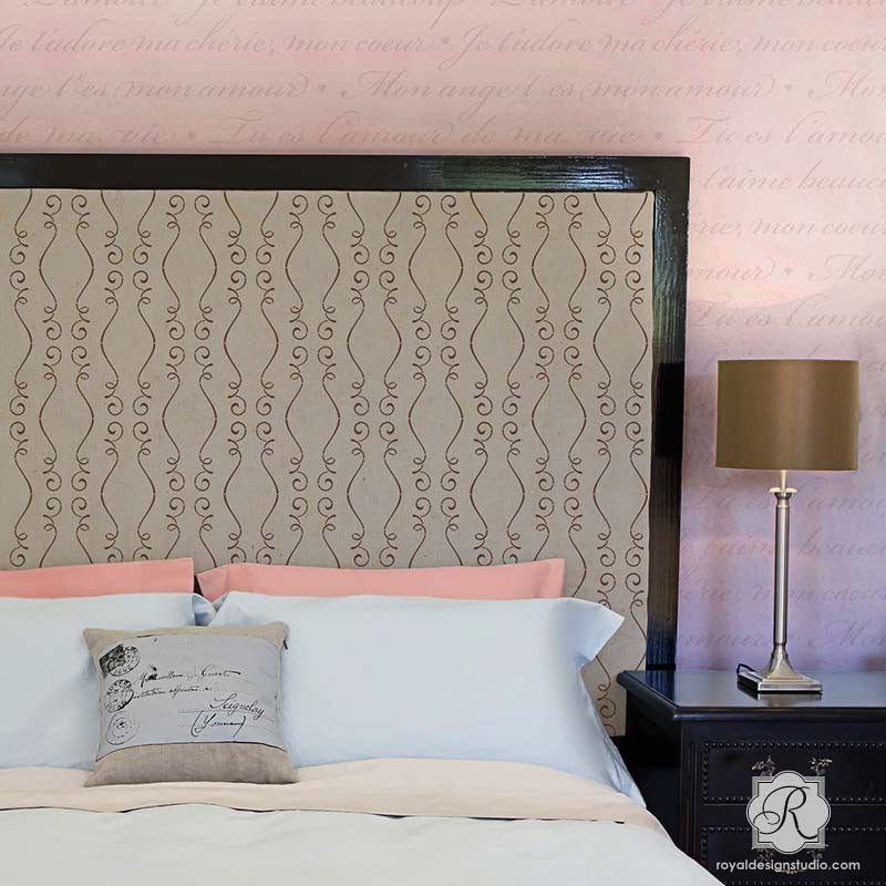 DIY Pattern on Painted Headboard and Chic Accent Wall - Gigi Scroll Modern Furniture Stencils - Royal Design Studio