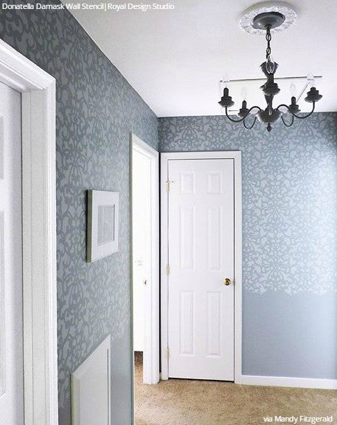 Painted Hallway Walls Stencils Modern Damask Pattern - Royal Design Studio