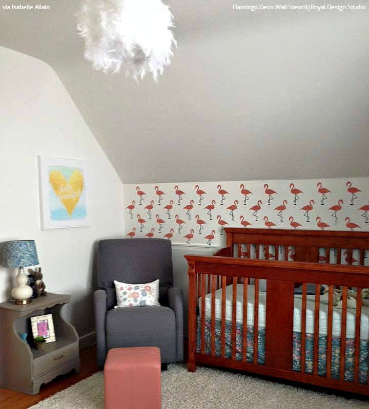 Colorful Pink Flamingo Decor Nursery Wall Stencils