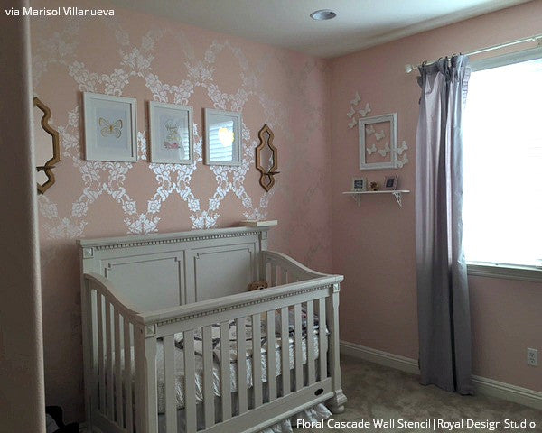 Cute Pink Baby Girl Nursery with Large Flower Wallpaper Wall Stencils - Royal Design Studio